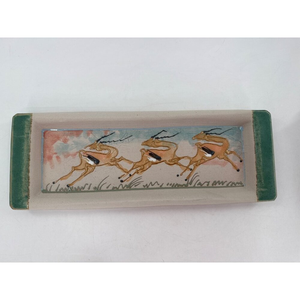 Ceramic Rectangular Tray With‎ Hand-Painted Antelope Design